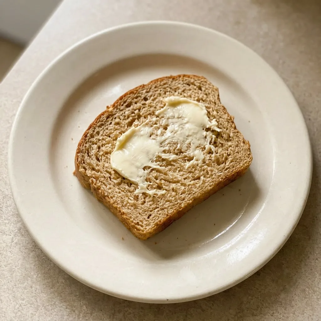 A plate of honey wheat bread slices, each topped with a honey drizzle and a small pat of butter.