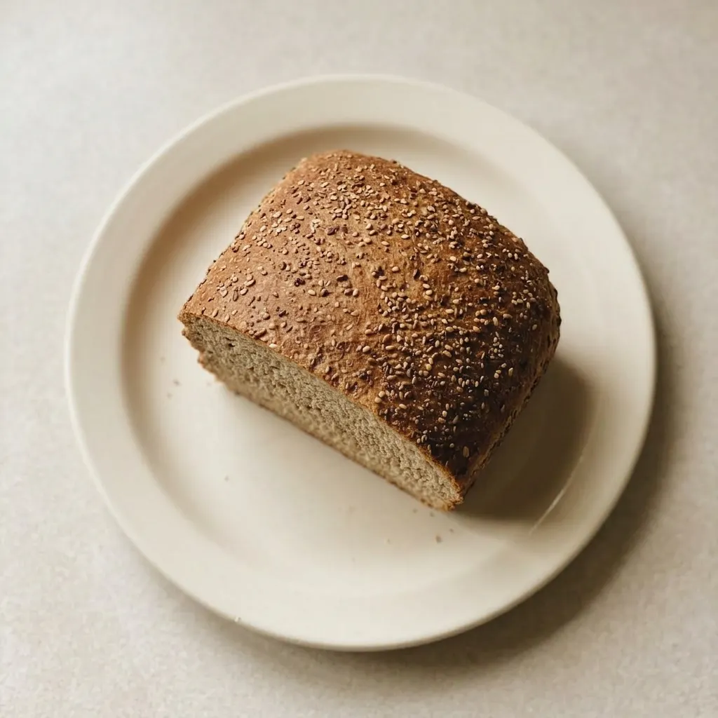 A serving of honey wheat bread, two slices stacked with a pat of butter on top, crust speckled with oats.