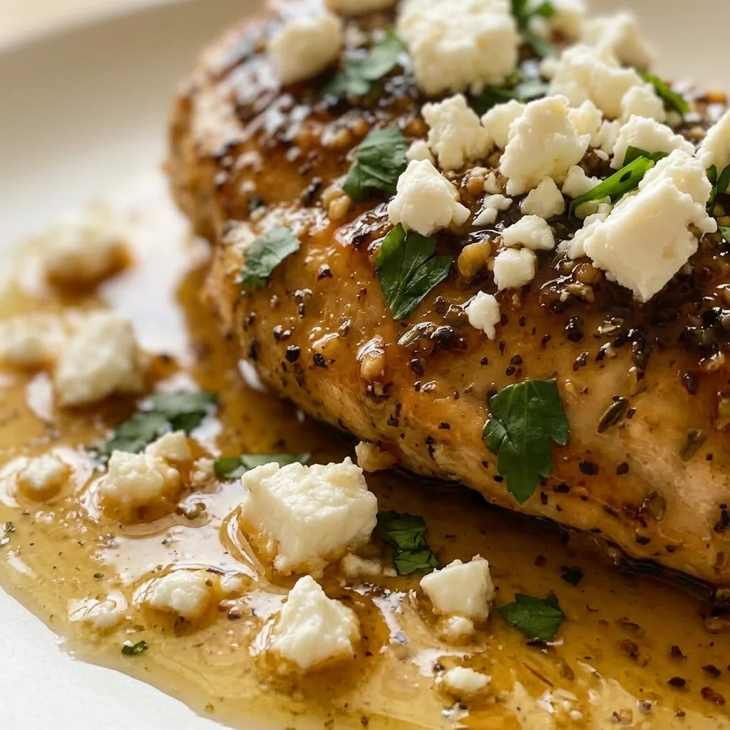 Close view of chicken with melted feta, honey, and hot sauce, showing golden crust and glossy sauce.