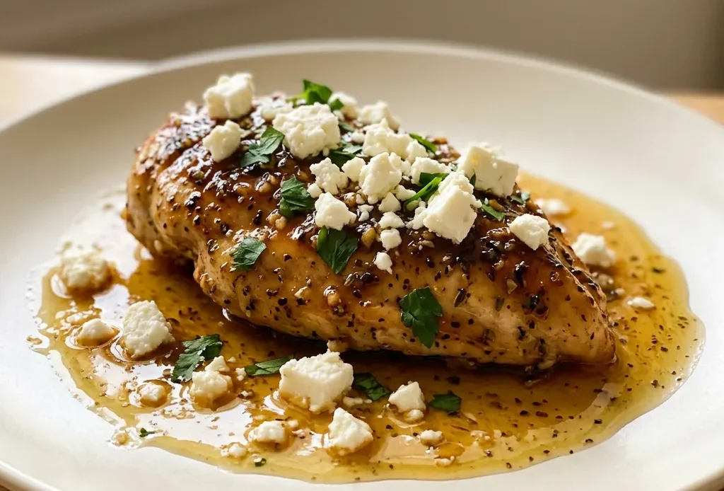 Overhead shot of chicken topped with crumbled feta, drizzled with honey and hot sauce.