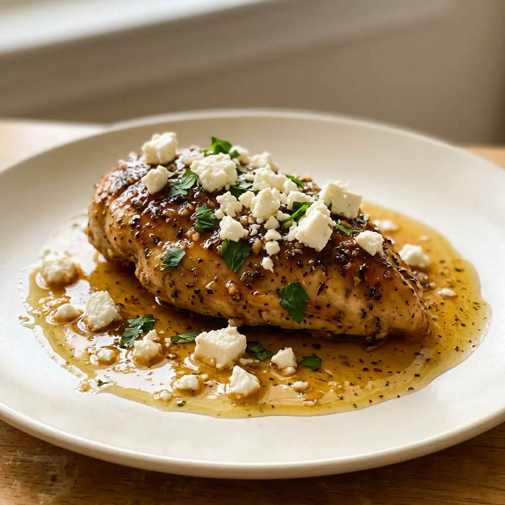 Overhead shot of chicken topped with crumbled feta, drizzled with honey and hot sauce.