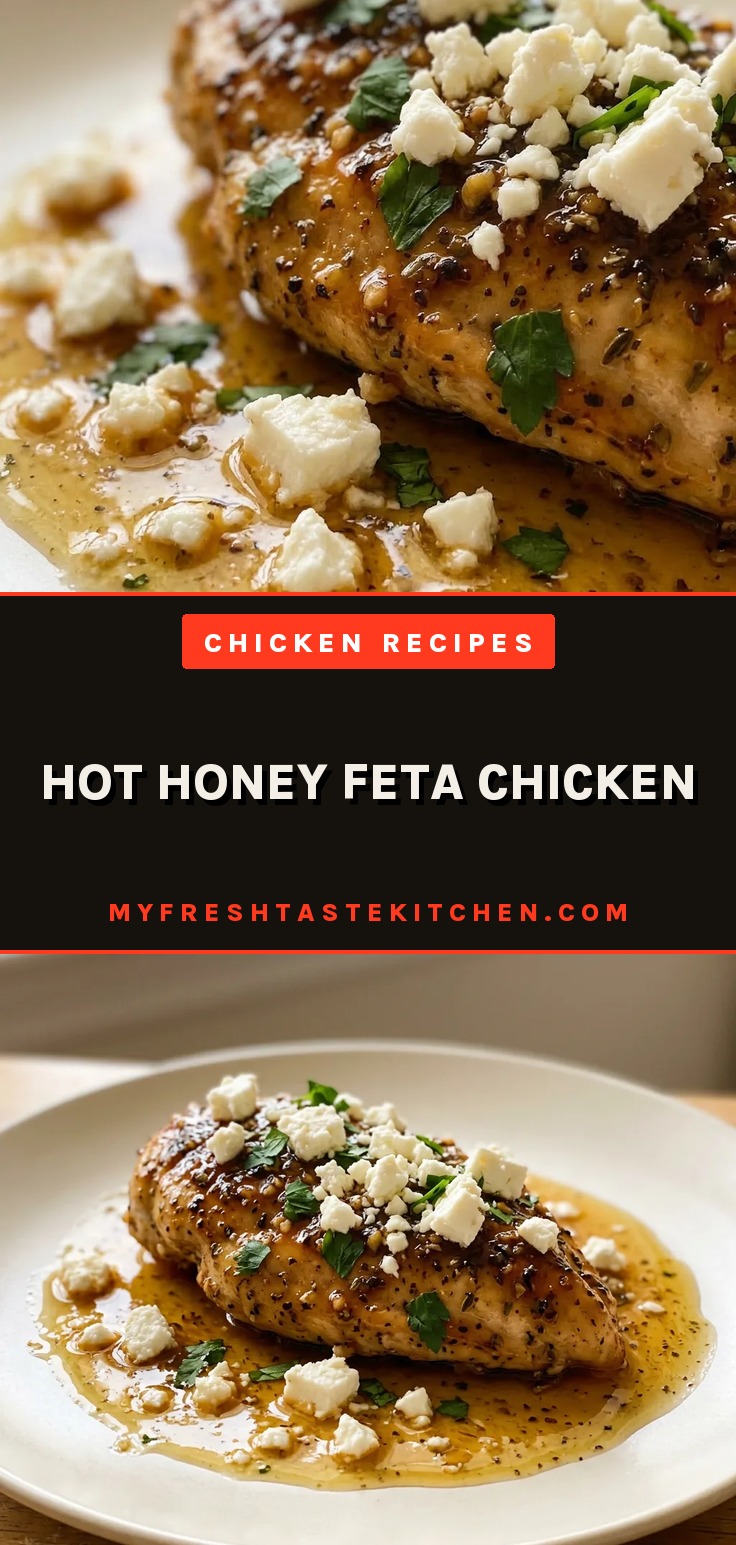 Overhead shot of chicken topped with crumbled feta, drizzled with honey and hot sauce.