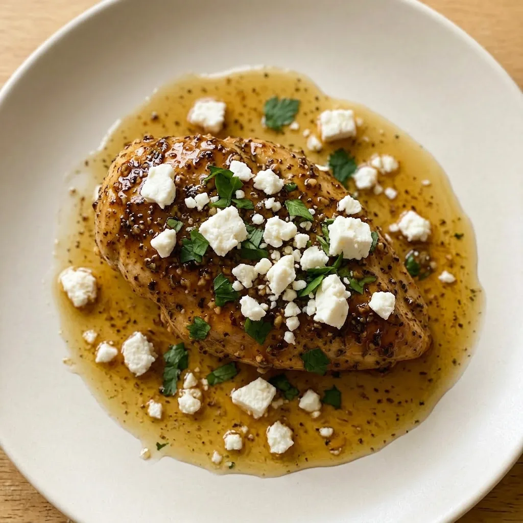 Plated chicken with feta, honey, and hot sauce, garnished with a drizzle of honey and hot sauce.