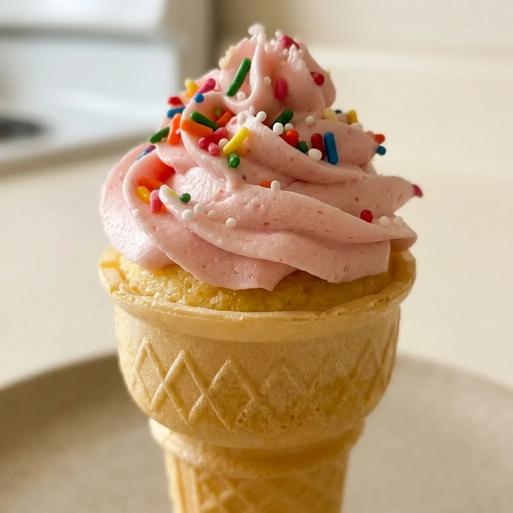Zoomed in on a vanilla buttercream swirl atop a chocolate cupcake in a waffle cone, decorated with colorful sprinkles.