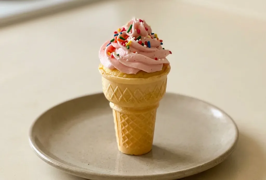 Bird's-eye view of a chocolate cake mix cupcake baked in a waffle cone, topped with pink buttercream frosting and rainbow sprinkles.