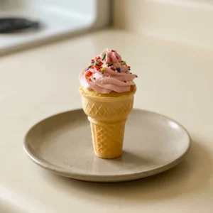 Bird's-eye view of a chocolate cake mix cupcake baked in a waffle cone, topped with pink buttercream frosting and rainbow sprinkles.