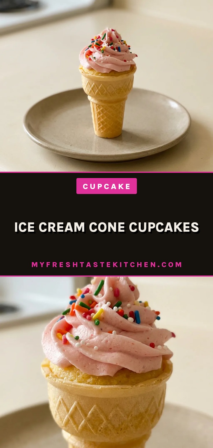 Bird's-eye view of a chocolate cake mix cupcake baked in a waffle cone, topped with pink buttercream frosting and rainbow sprinkles.