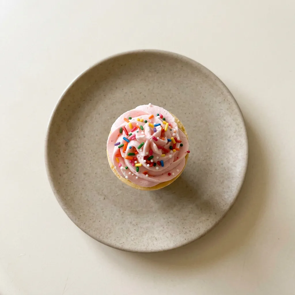 Ready to serve: a chocolate cupcake in a waffle cone with pink buttercream frosting and sprinkles, held upright.
