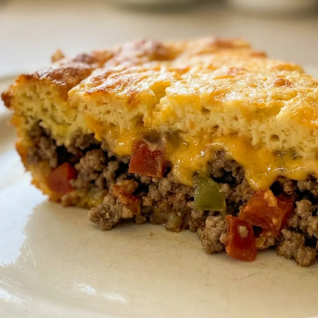 Close view of a wedge of taco pie with ground beef, melted cheese, and green chiles.
