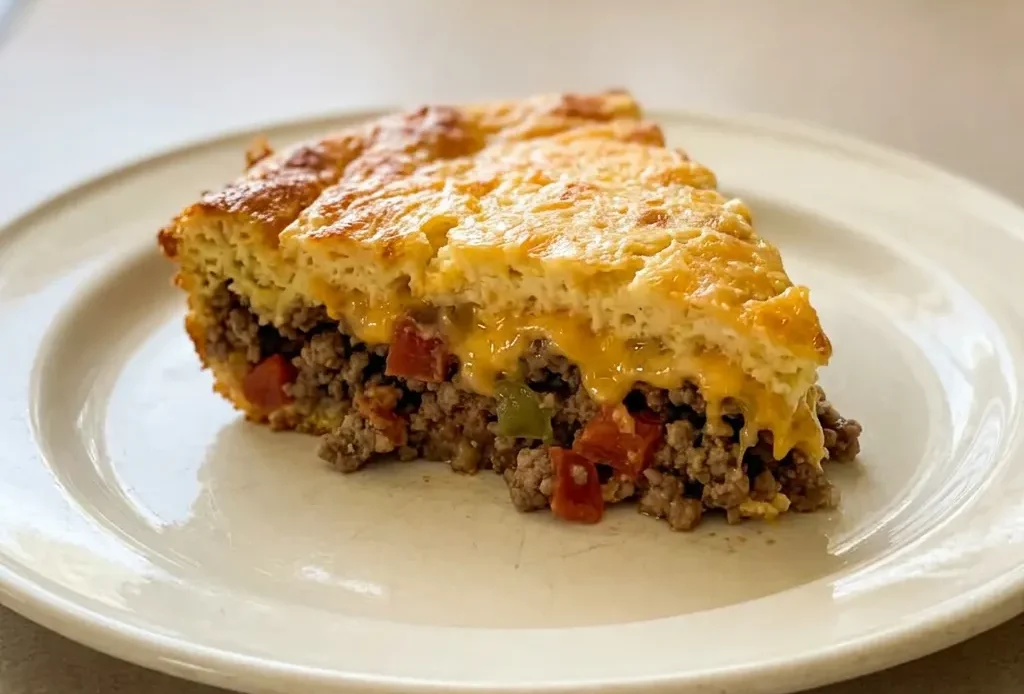 Overhead shot of a round taco pie topped with melted cheddar and diced tomatoes.