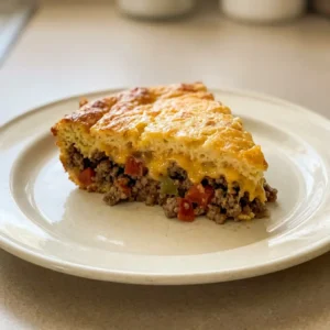 Overhead shot of a round taco pie topped with melted cheddar and diced tomatoes.