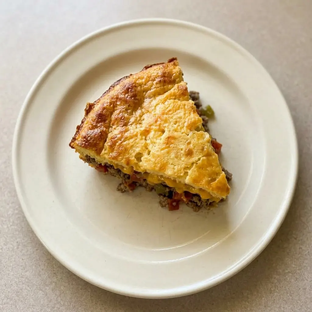 Plated wedge of taco pie with a layer of seasoned beef, cheese, and tomatoes.