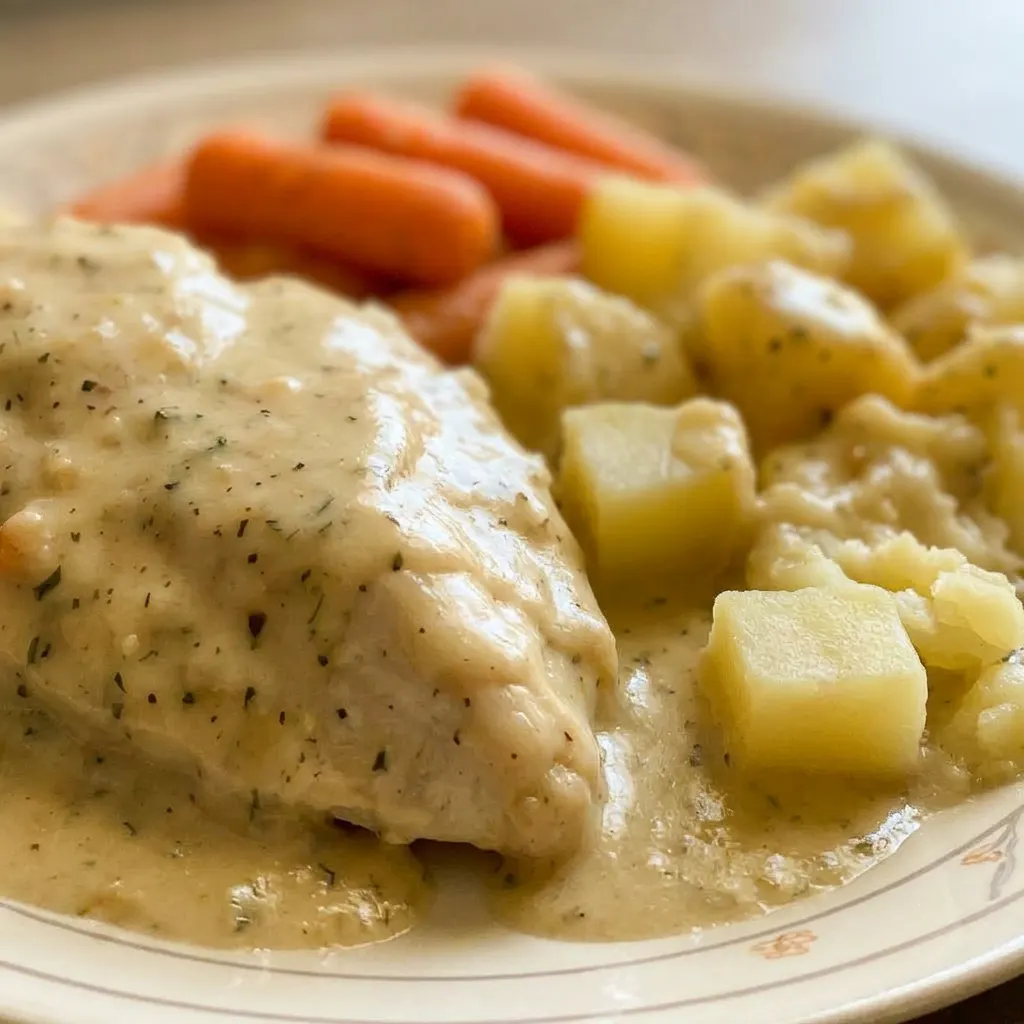 Macro detail of a chicken thigh topped with creamy ranch sauce, beside a potato wedge and carrot slice.