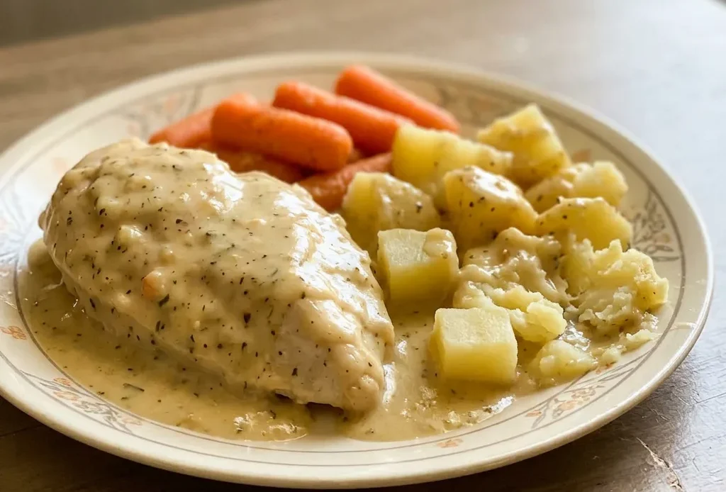 Top-down look at a creamy ranch chicken dish with potatoes, carrots, and chicken pieces in a white sauce.
