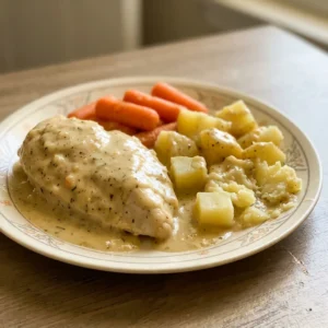 Top-down look at a creamy ranch chicken dish with potatoes, carrots, and chicken pieces in a white sauce.