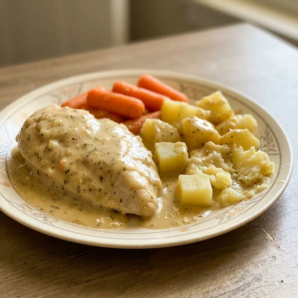 Top-down look at a creamy ranch chicken dish with potatoes, carrots, and chicken pieces in a white sauce.