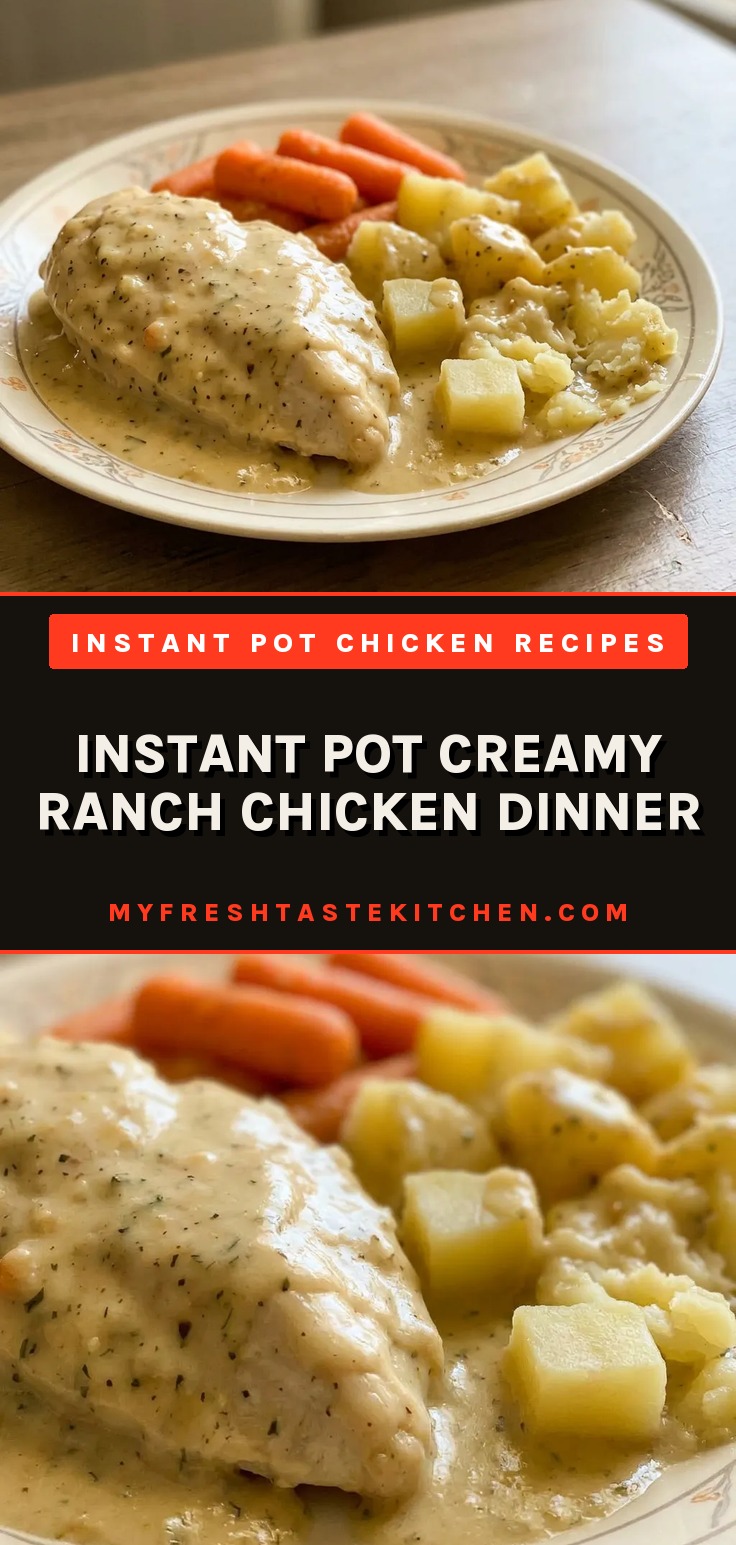 Top-down look at a creamy ranch chicken dish with potatoes, carrots, and chicken pieces in a white sauce.
