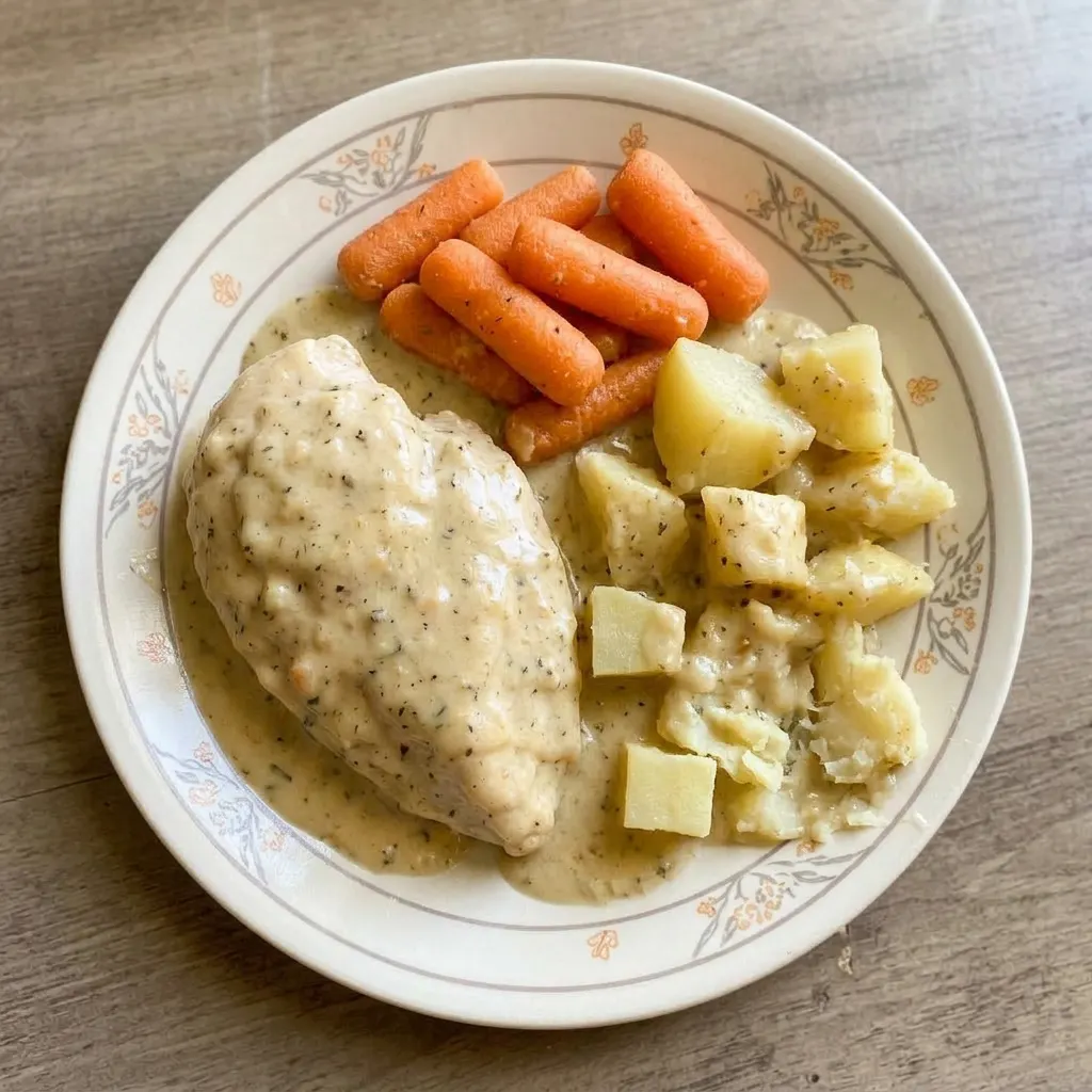 A serving of creamy ranch chicken with potatoes and carrots, garnished with a sprinkle of parsley.