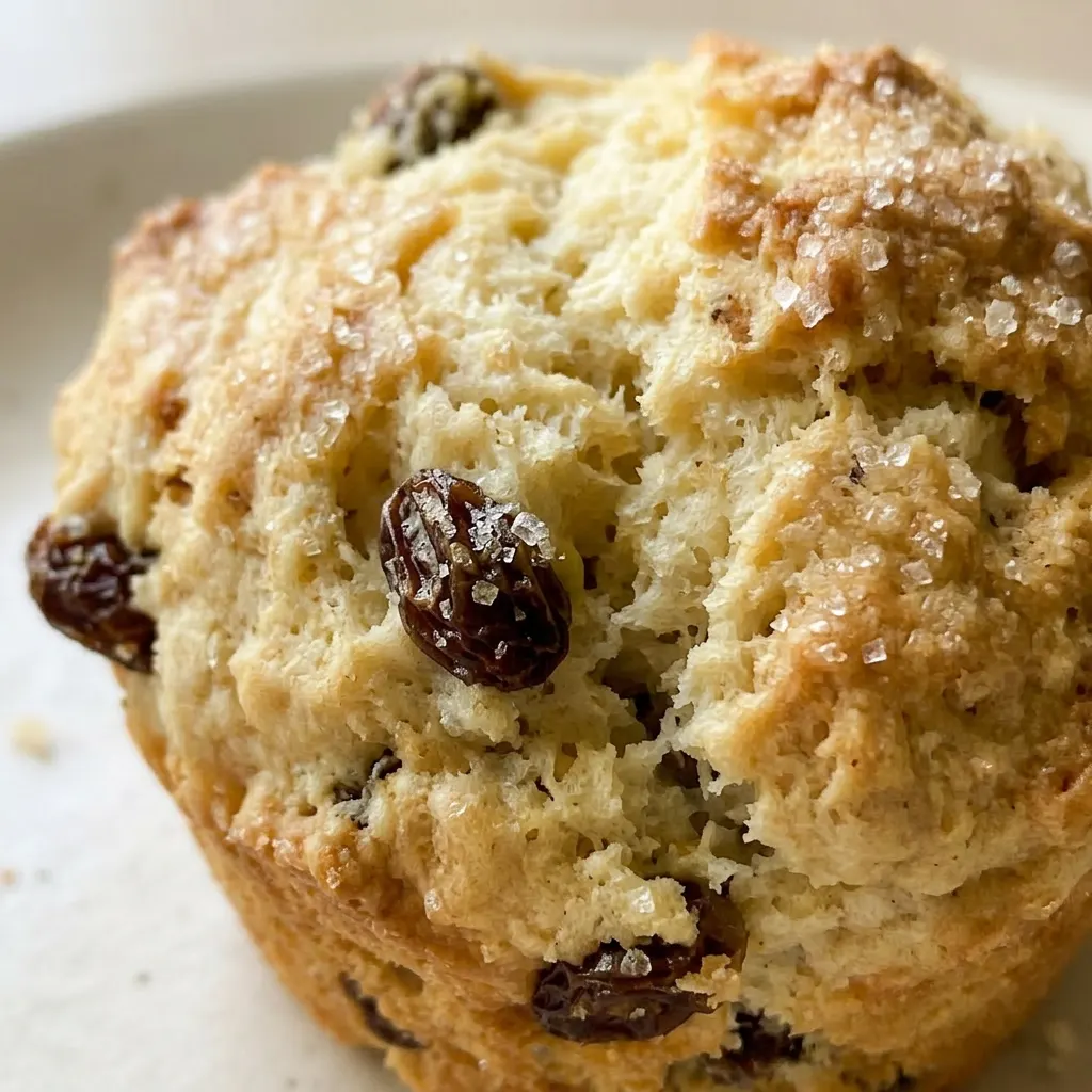 Up close, a moist crumb dotted with raisins and a glossy butter pat melting into the warm muffin.