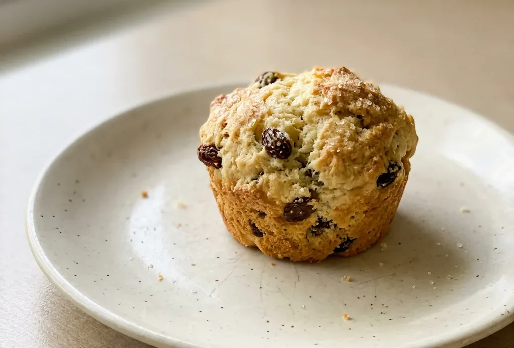 Looking down at a round muffin with a golden brown, cracked top studded with raisins and a pat of melting butter.