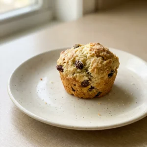 Looking down at a round muffin with a golden brown, cracked top studded with raisins and a pat of melting butter.