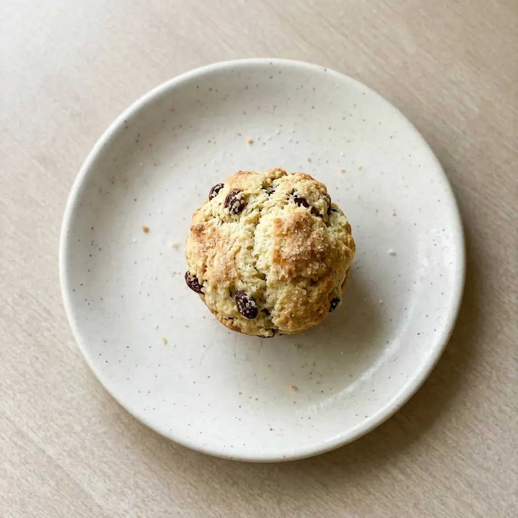 A plate of a split muffin revealing a tender crumb with raisins, topped with a butter pat.