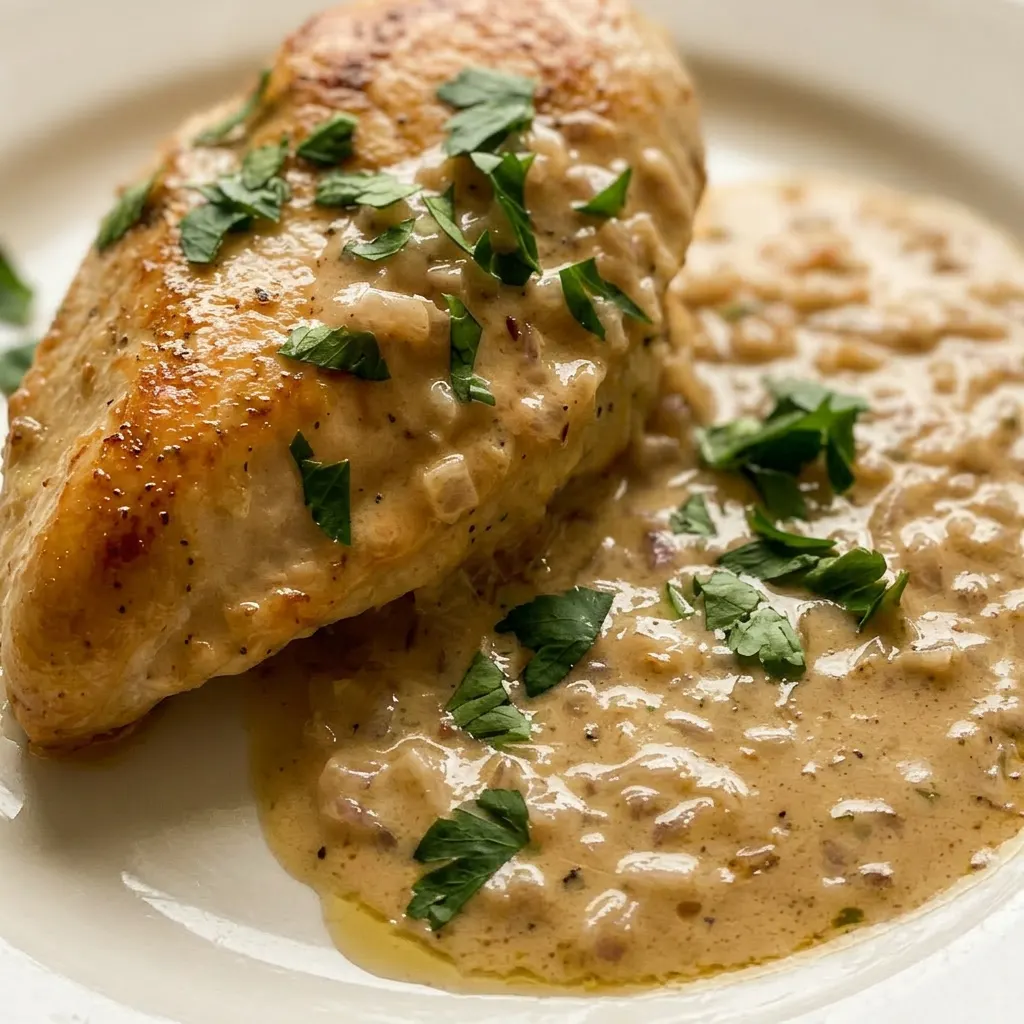 Zoomed in on a chicken thigh coated in thick cream sauce with garlic pieces and a drizzle of whiskey.