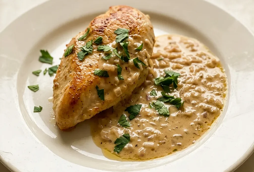 Bird's-eye view of two chicken thighs in a creamy sauce with visible whiskey glaze and sliced shallots.
