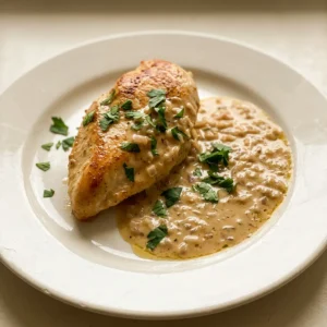 Bird's-eye view of two chicken thighs in a creamy sauce with visible whiskey glaze and sliced shallots.