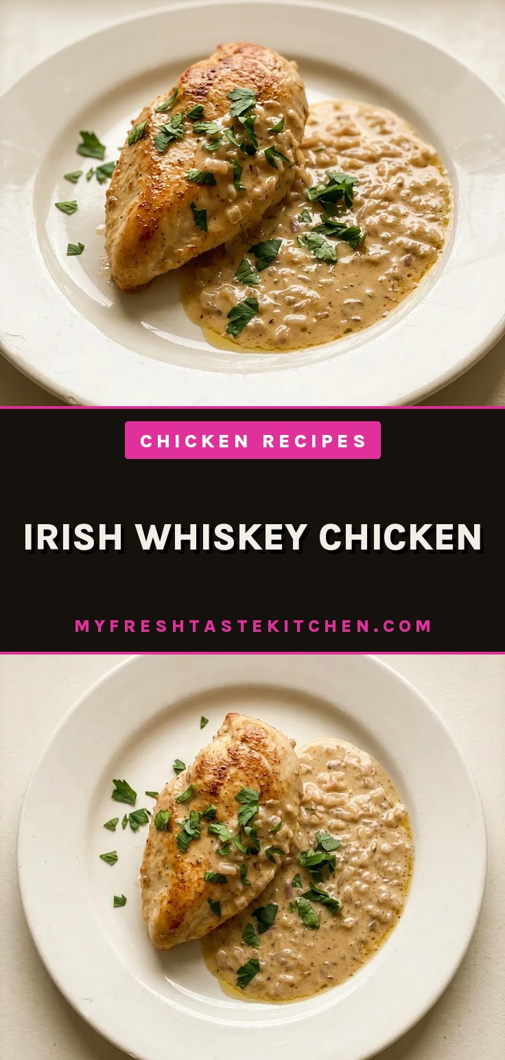 Bird's-eye view of two chicken thighs in a creamy sauce with visible whiskey glaze and sliced shallots.
