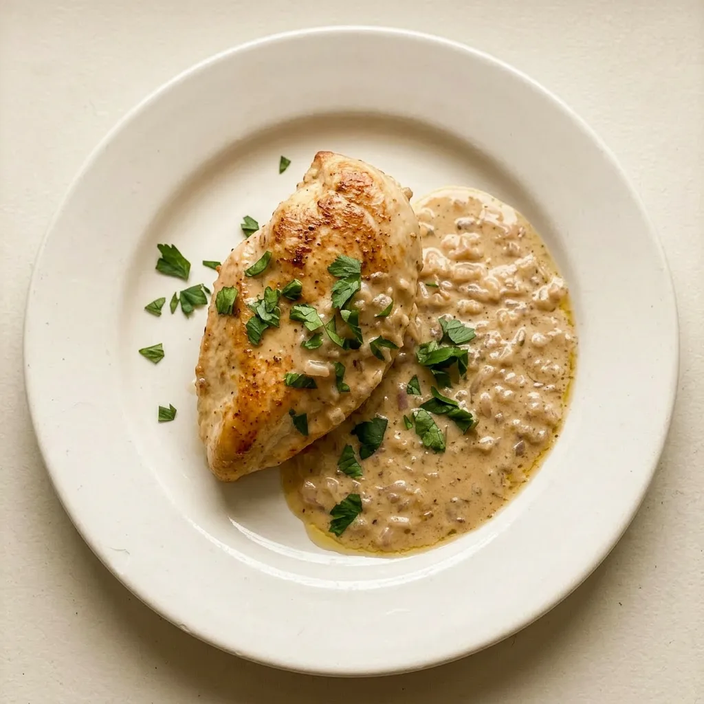 Ready to serve: chicken thigh with creamy whiskey sauce, shallots, and garlic on the plate.