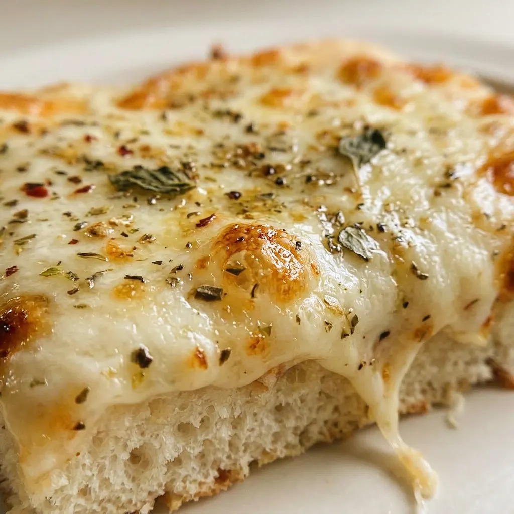 Zoomed in on a slice of bread with gooey Italian cheese blend, butter, garlic powder, and Italian seasoning.