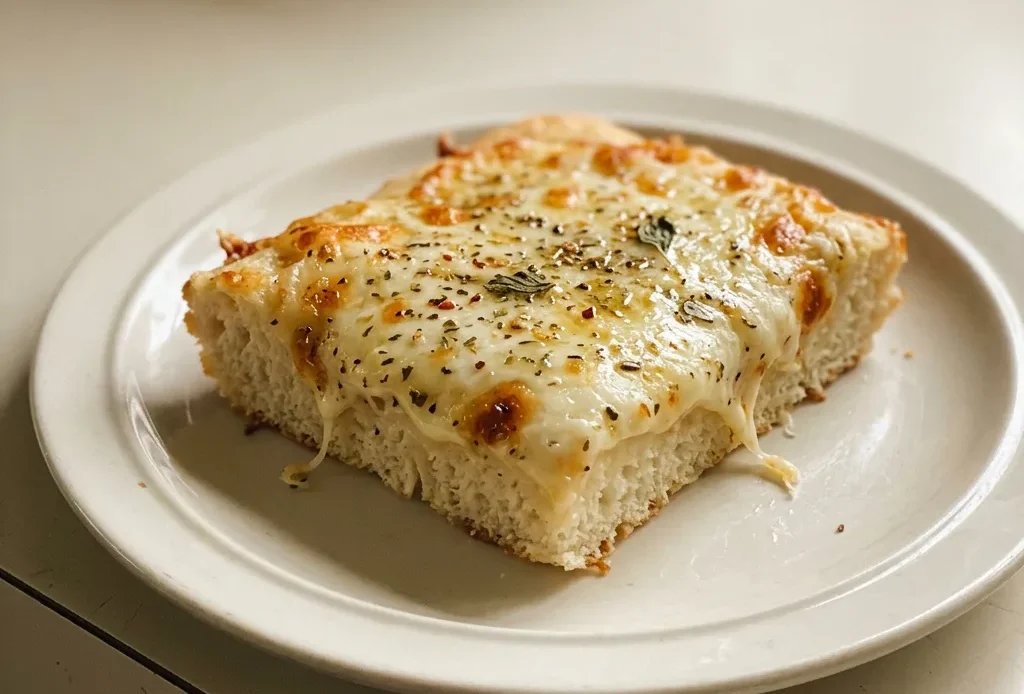 Bird's-eye view of a rectangular bread topped with melted Italian cheese blend, butter, garlic powder, and Italian seasoning.