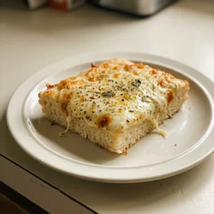 Bird's-eye view of a rectangular bread topped with melted Italian cheese blend, butter, garlic powder, and Italian seasoning.