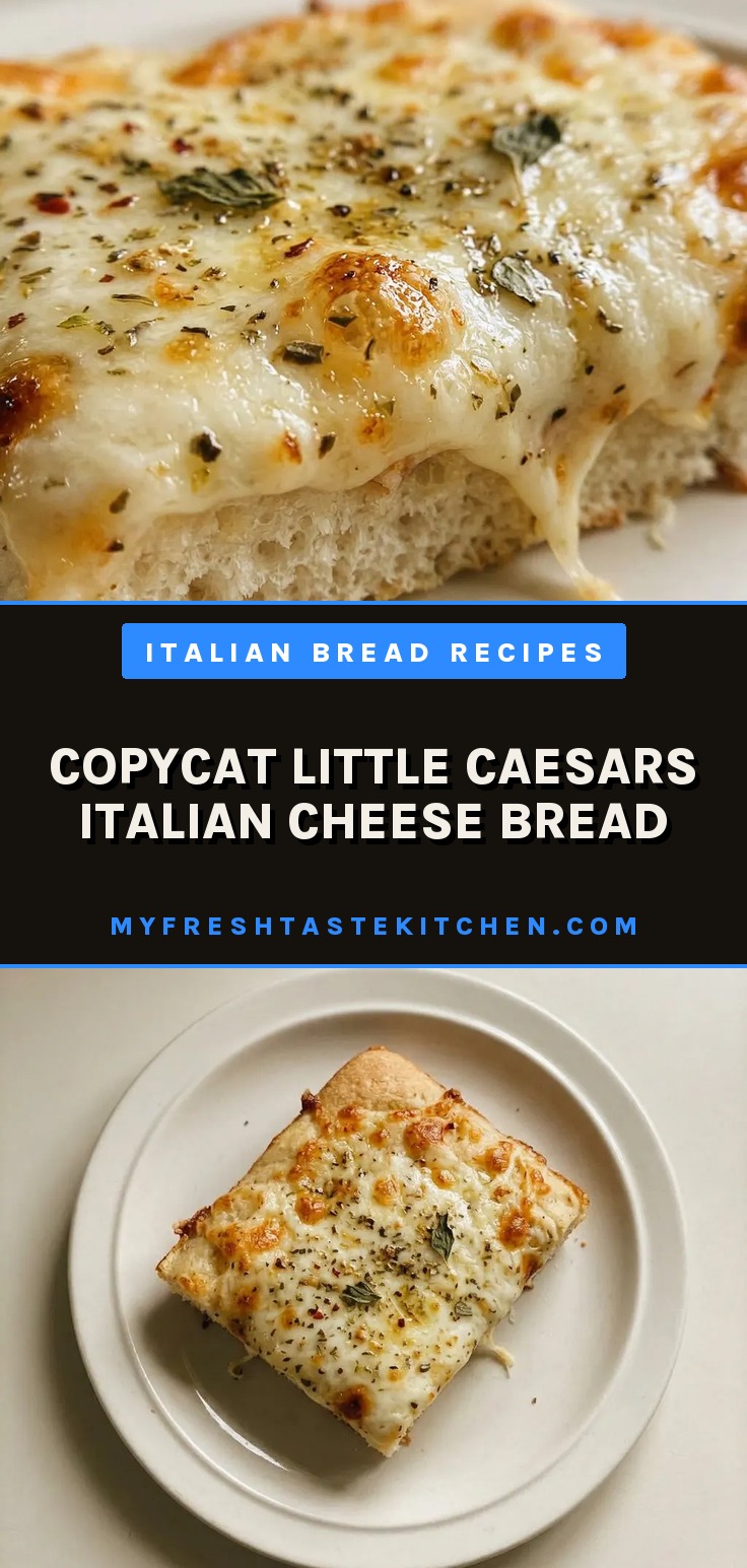 Bird's-eye view of a rectangular bread topped with melted Italian cheese blend, butter, garlic powder, and Italian seasoning.