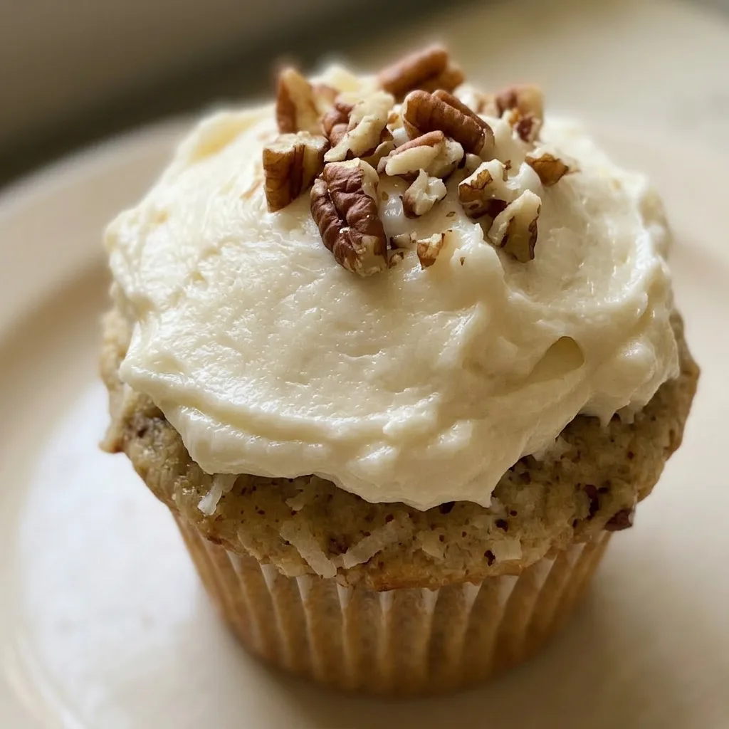 Macro detail of a cupcake with swirled cream cheese frosting, a cherry, and visible coconut and pecan pieces.