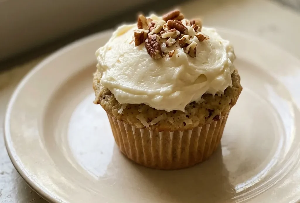 Top-down look at a cupcake with cream cheese frosting, chopped pecans, coconut flakes, and a cherry on top.