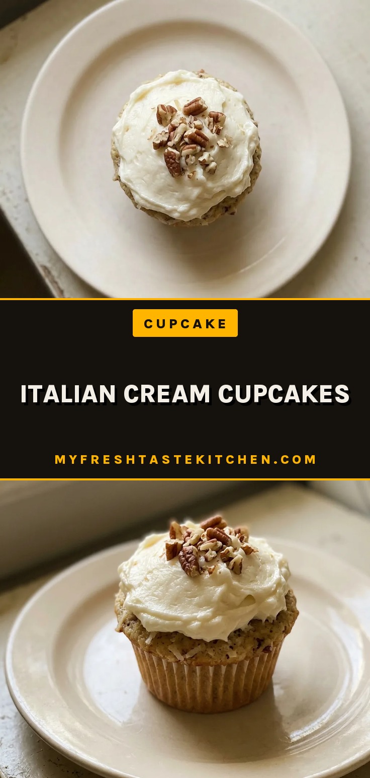 Top-down look at a cupcake with cream cheese frosting, chopped pecans, coconut flakes, and a cherry on top.