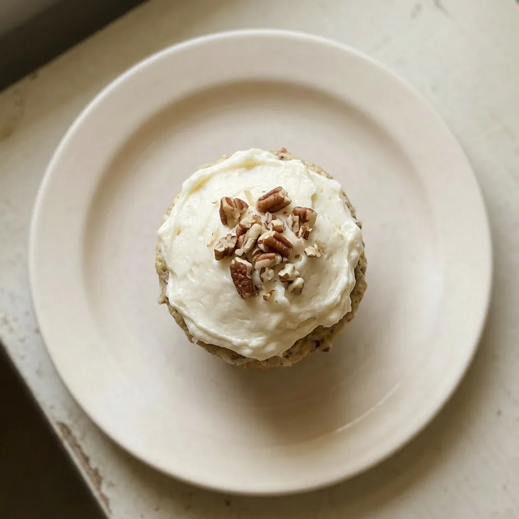 A serving of a cupcake topped with cream cheese frosting, coconut, pecans, and a cherry.
