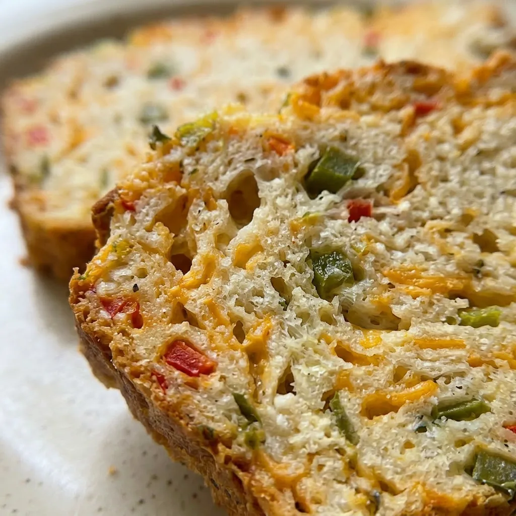 Close view of a slice showing melted cheddar, jalapeño rings, and flecks of green and red bell pepper in the crumb.