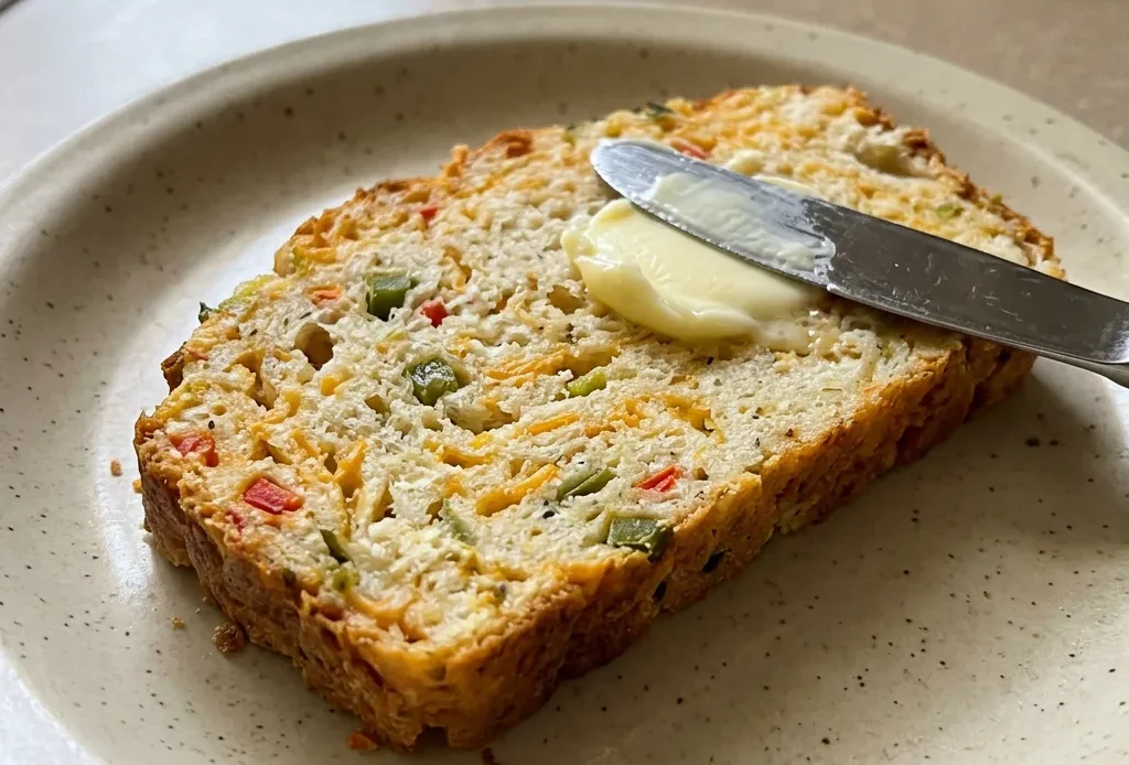 Overhead shot of a round loaf topped with shredded cheddar, sliced jalapeño, and diced green and red bell pepper.
