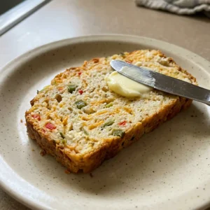 Overhead shot of a round loaf topped with shredded cheddar, sliced jalapeño, and diced green and red bell pepper.