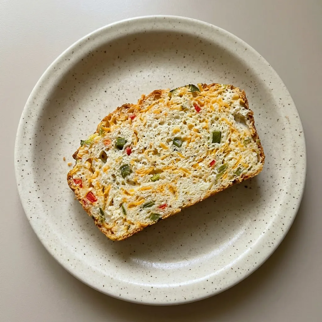 Plated wedge of bread with visible chunks of cheddar, jalapeño, and bell peppers throughout.