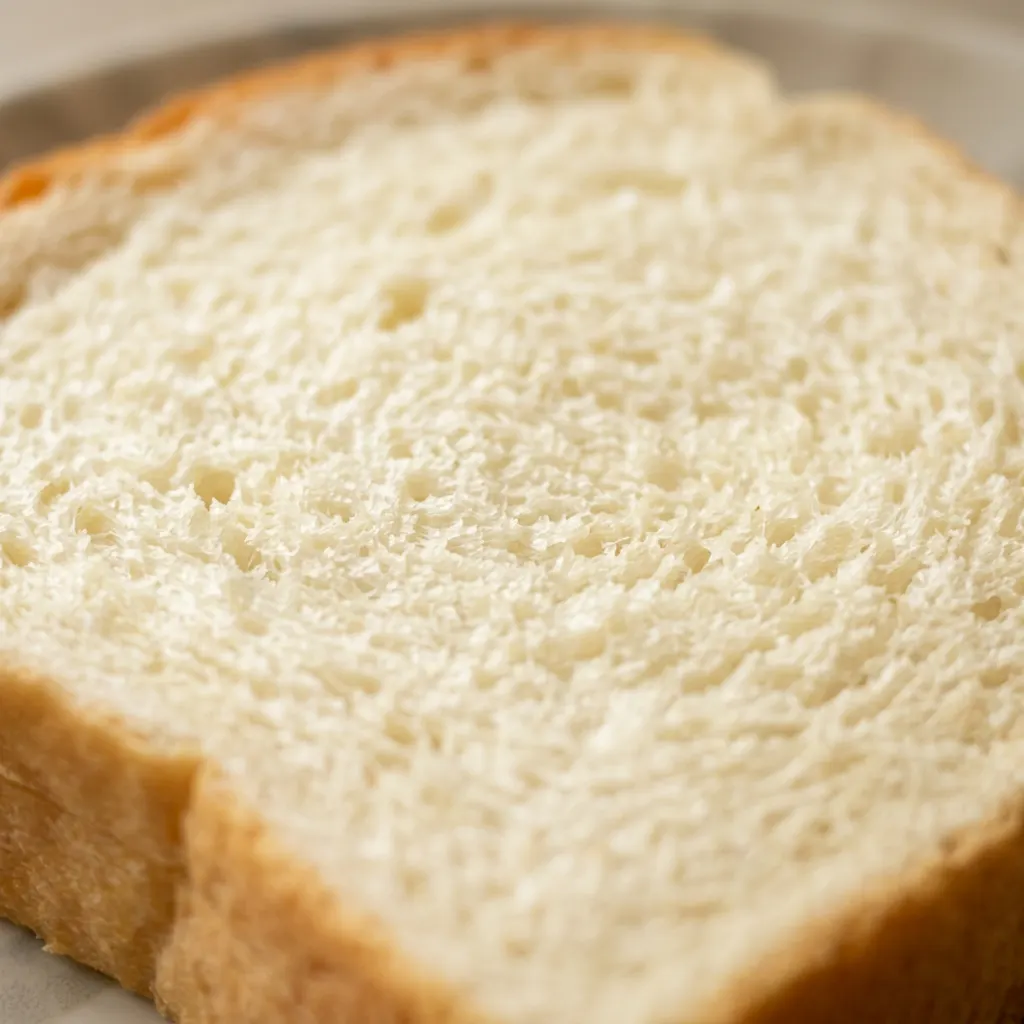 Zoomed in on a slice of milk bread showing a tender crumb and a thin, glossy crust with small air pockets.