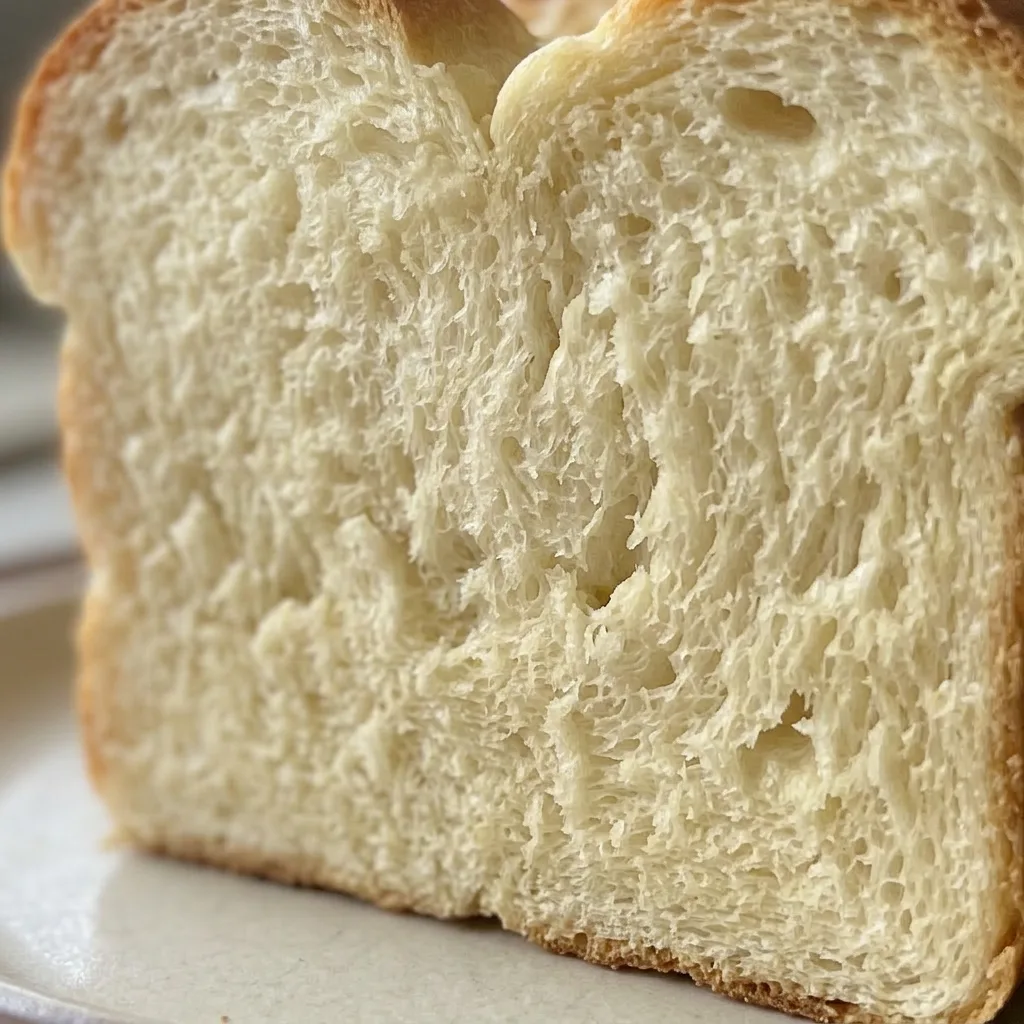 Zoomed in on a slice of milk bread showing a pale, airy crumb with tiny air pockets and a thin, glossy crust.