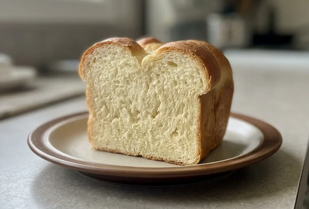 Bird's-eye view of a round loaf of milk bread with a golden brown crust, sliced open to reveal a soft, fluffy interior.