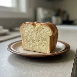 Bird's-eye view of a round loaf of milk bread with a golden brown crust, sliced open to reveal a soft, fluffy interior.