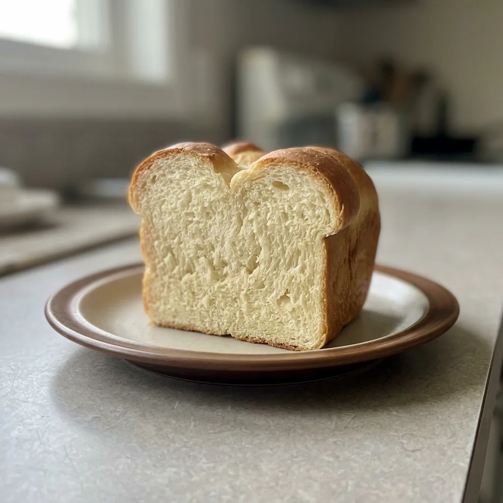 Bird's-eye view of a round loaf of milk bread with a golden brown crust, sliced open to reveal a soft, fluffy interior.