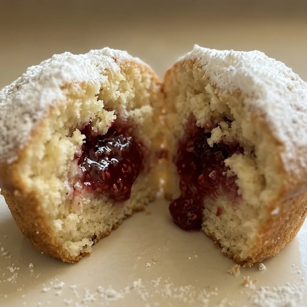 Close view of a single muffin with a cracked top revealing a pocket of raspberry jam, sprinkled with nutmeg and powdered sugar.
