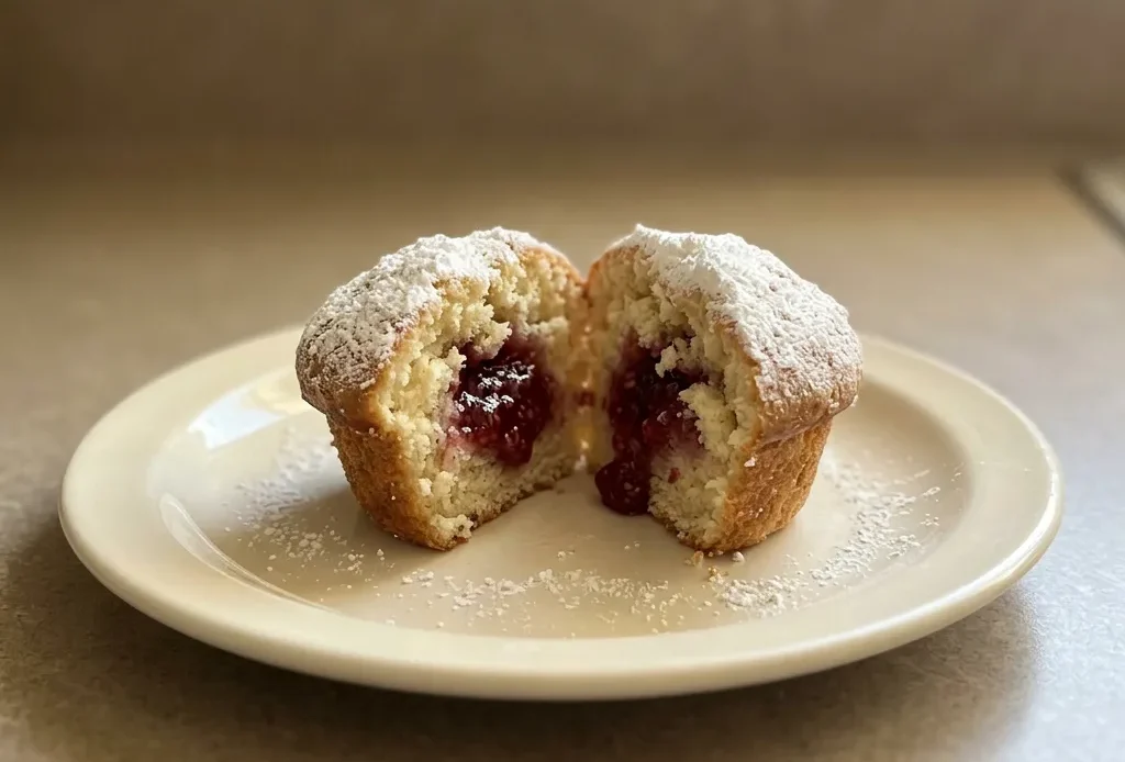 Overhead shot of three round muffins with a dusting of powdered sugar, each topped with a dollop of raspberry jam.